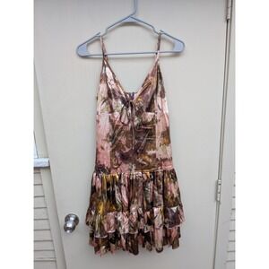 Roccobarocco Silk Blend Abstract Print Tiered Mini Dress Pink Brown Size 8